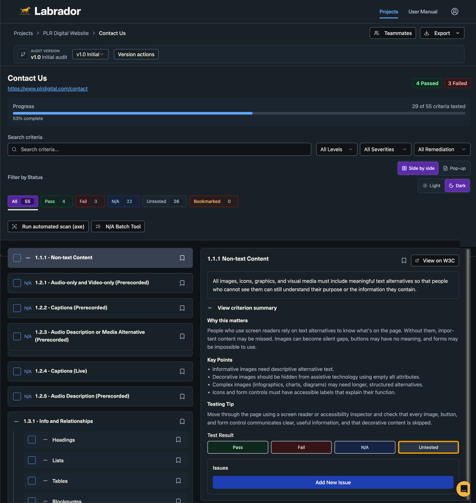 Labrador audit screen for a Contact Us page. The left column lists WCAG success criteria with tested and not applicable marks. The right panel explains 1.1.1 Non-text Content: a summary, why this matters, key points, a testing tip, pass and fail controls, and a View on W3C link.